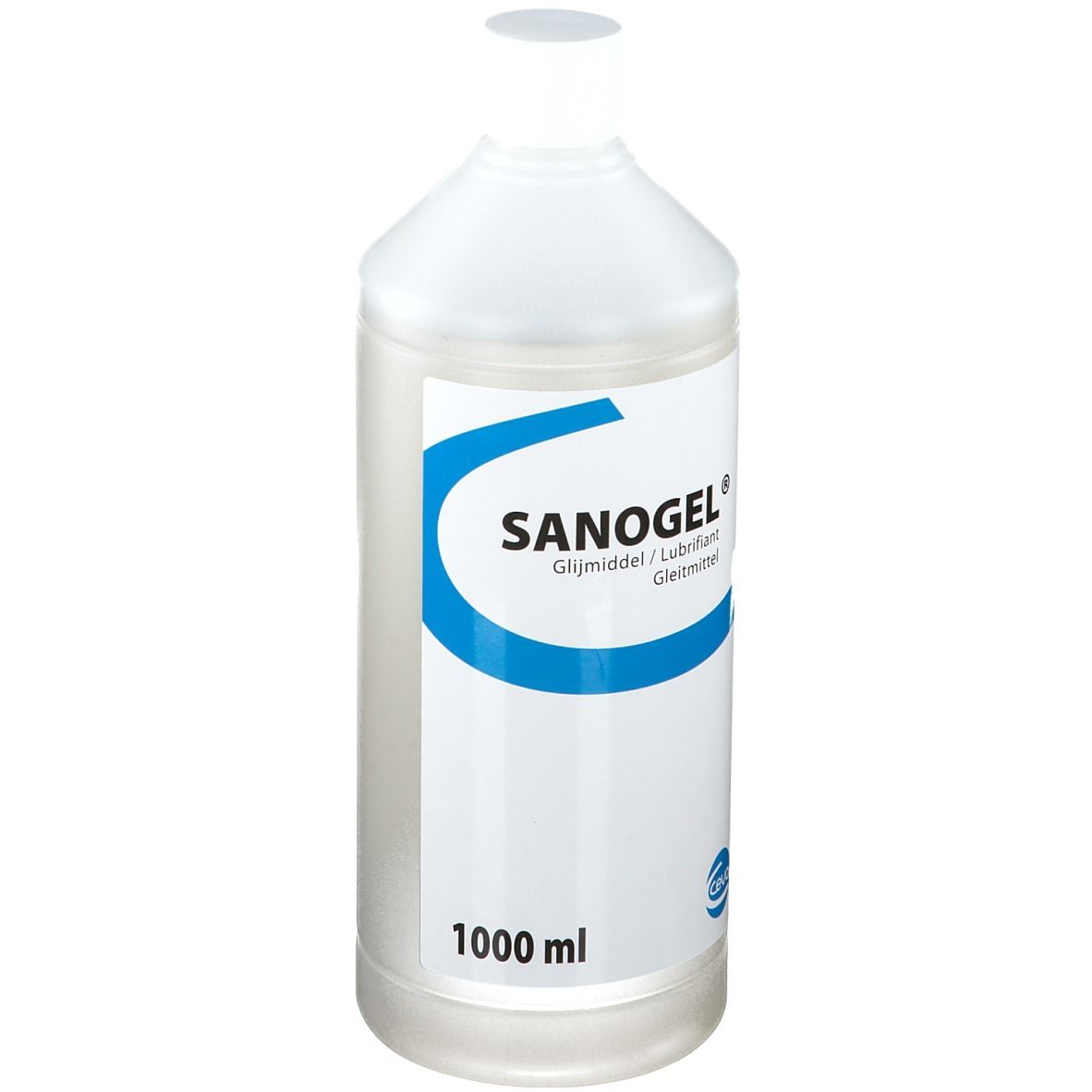 Flacon transparent avec bouchon blanc. Étiquette avec arc bleu et texte: Sanogel, lubrifiant. Volume: 1000 ml.