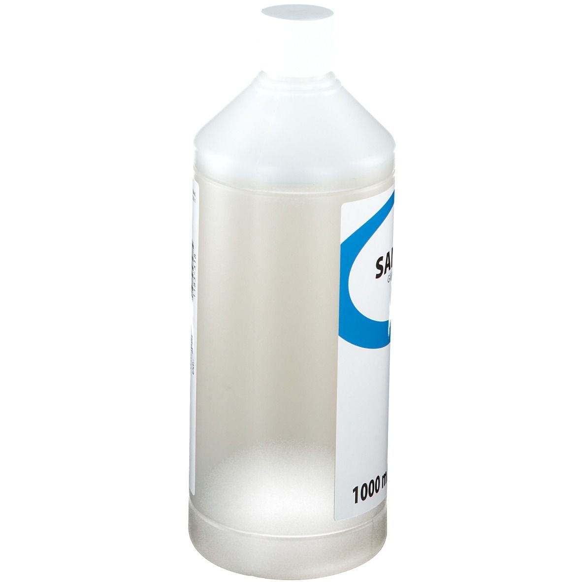 Flacon transparent avec bouchon blanc. Étiquette avec arc bleu et texte. Volume: 1000 ml. Nom du produit partiellement visible.