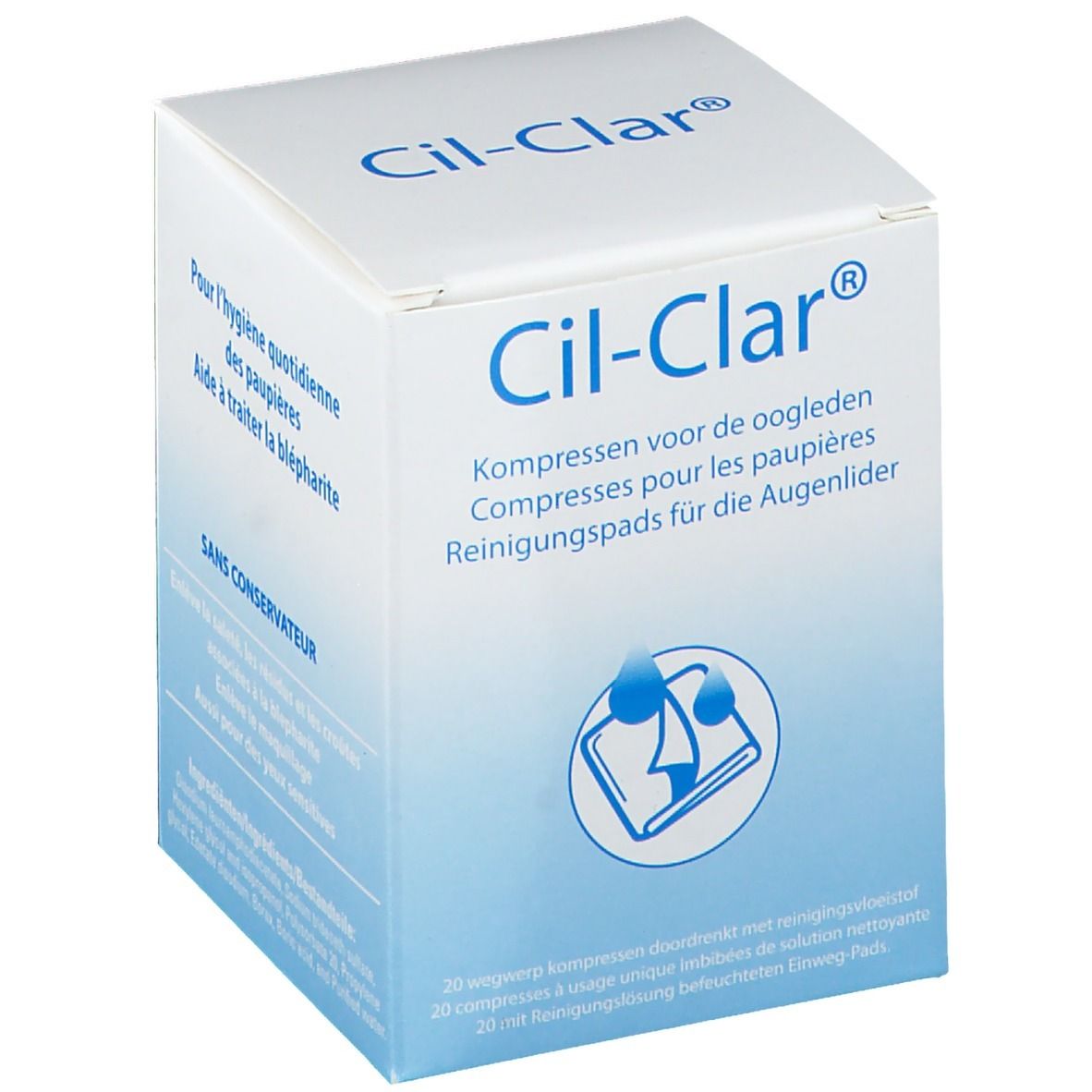 Boîte Cil-Clar. Dégradé bleu et blanc. Inscription : Compresses pour les paupières. Illustration : compresse et gouttes.