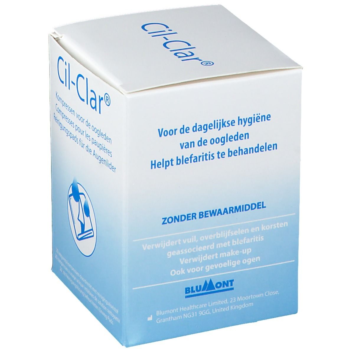 Boîte Cil-Clar. Dégradé bleu et blanc. Texte : Pour l'hygiène quotidienne des paupières. Aide à traiter la blépharite.