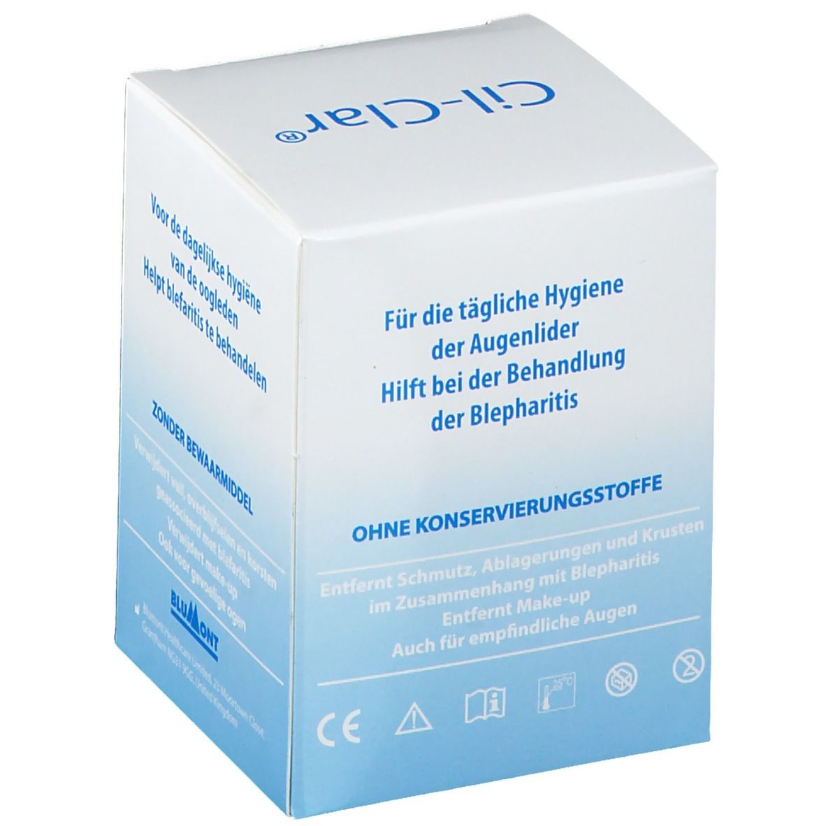 Boîte Cil-Clar. Dégradé bleu et blanc. Texte : Pour l'hygiène quotidienne des paupières. Sans conservateur.