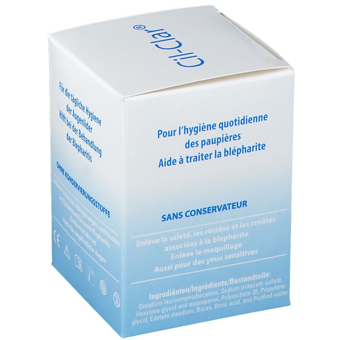 Boîte Cil-Clar. Dégradé bleu et blanc. Texte : Pour l'hygiène quotidienne des paupières. Sans conservateur.