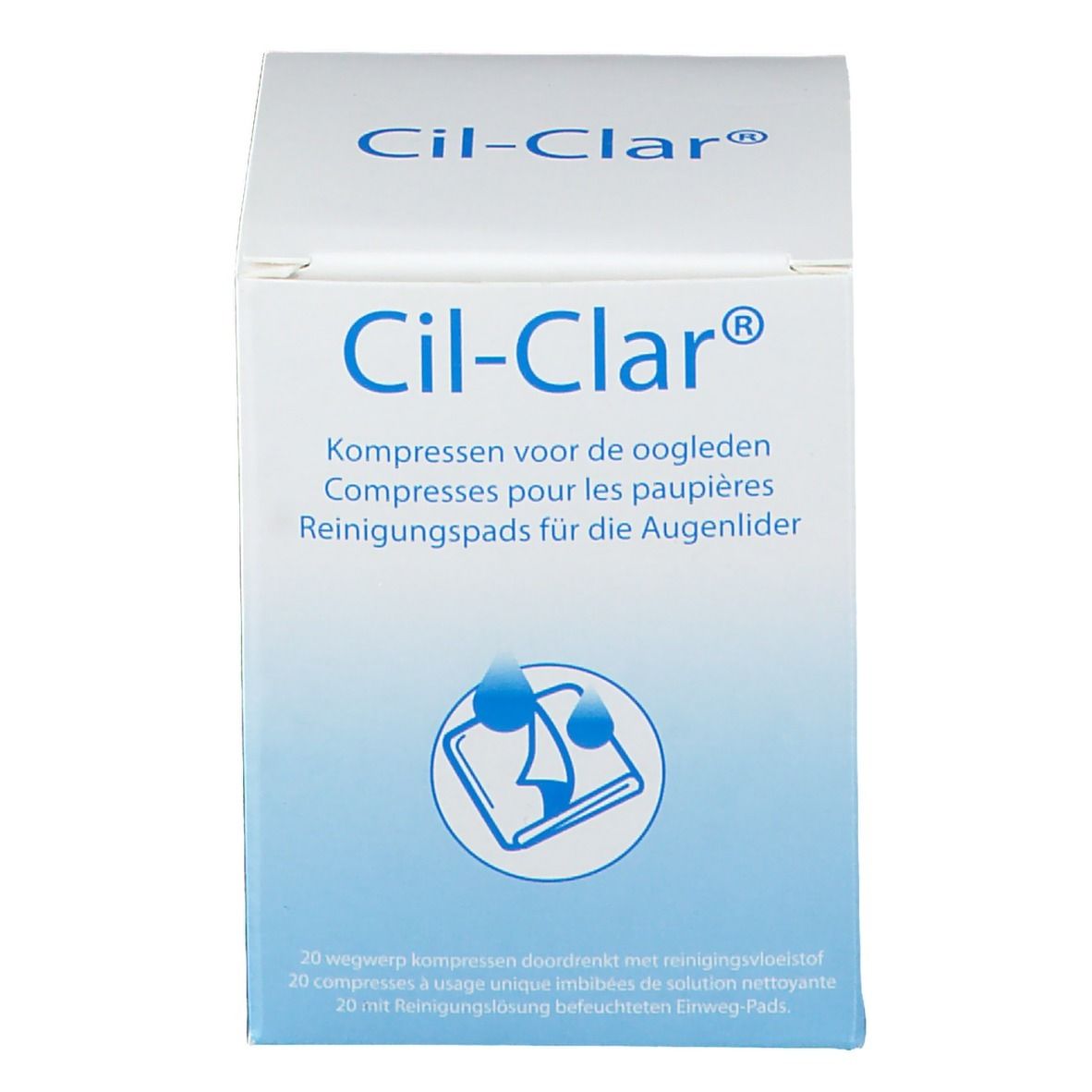 Boîte Cil-Clar. Dégradé bleu et blanc. Inscription : Compresses pour les paupières. Illustration : compresse et gouttes.