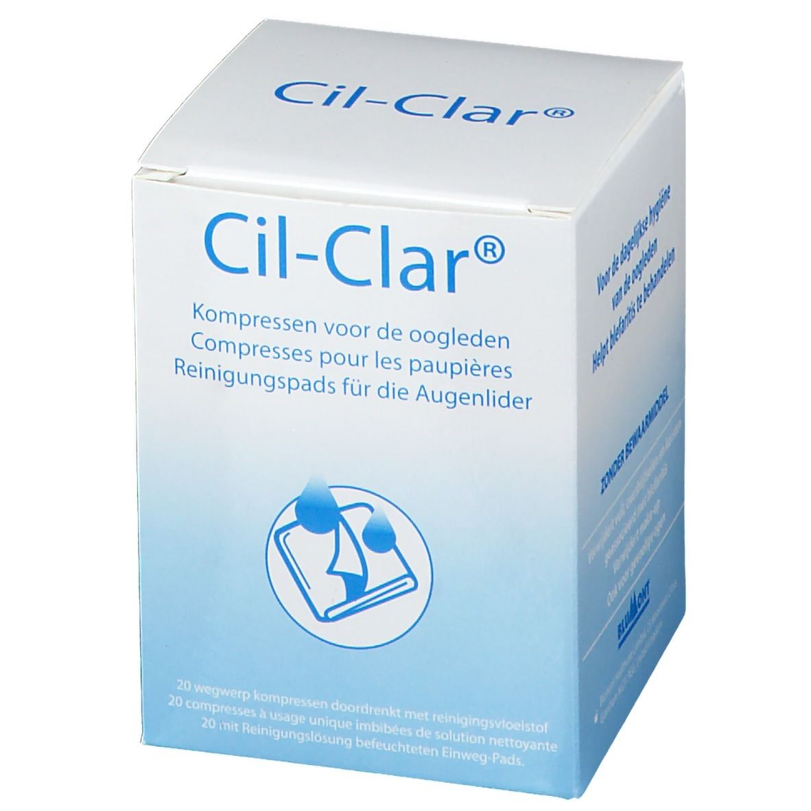 Boîte Cil-Clar. Dégradé bleu et blanc. Inscription : Compresses pour les paupières. Illustration : compresse et gouttes.