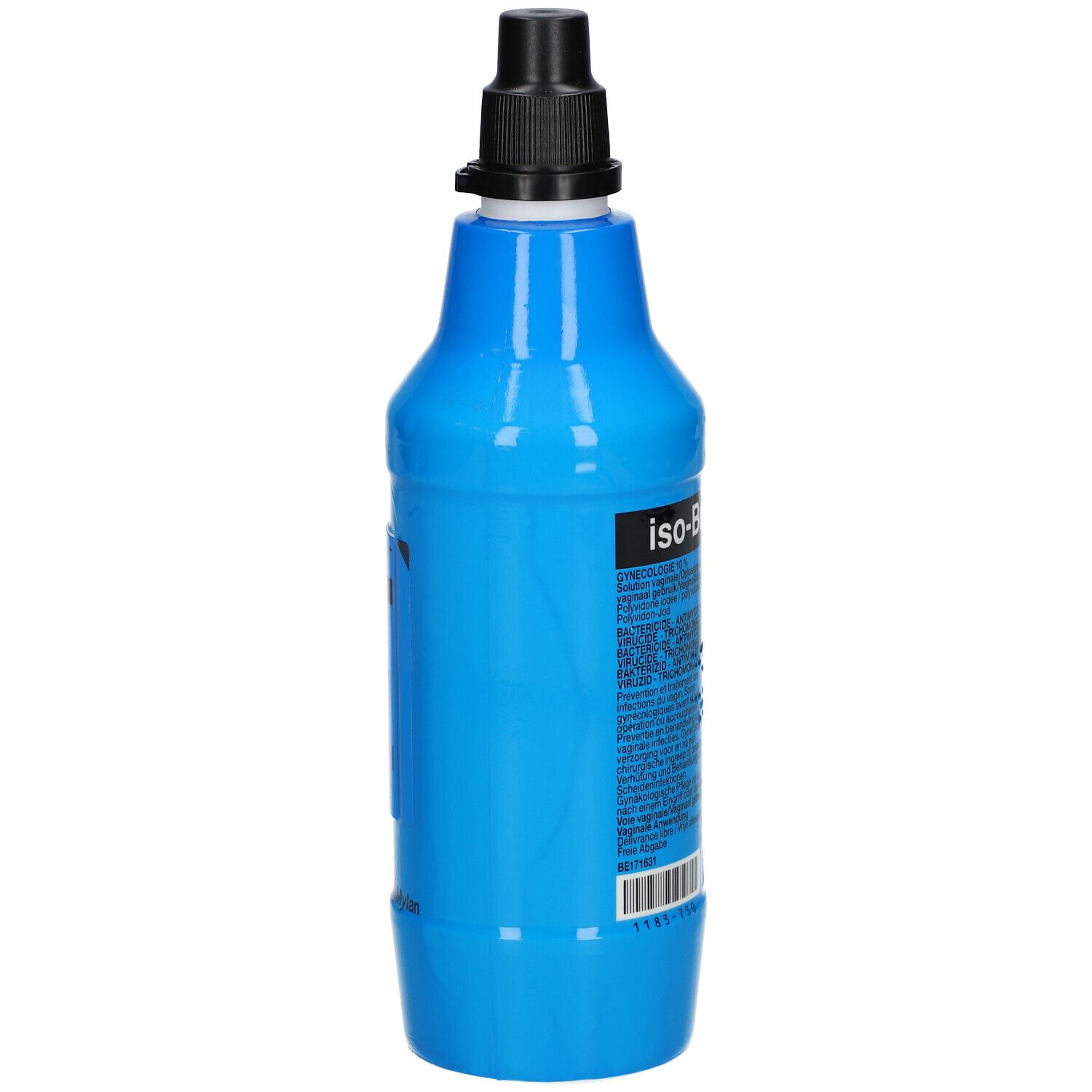 Blauwe fles met zwarte dop, zijaanzicht. Opschrift: iso-Betadine®.