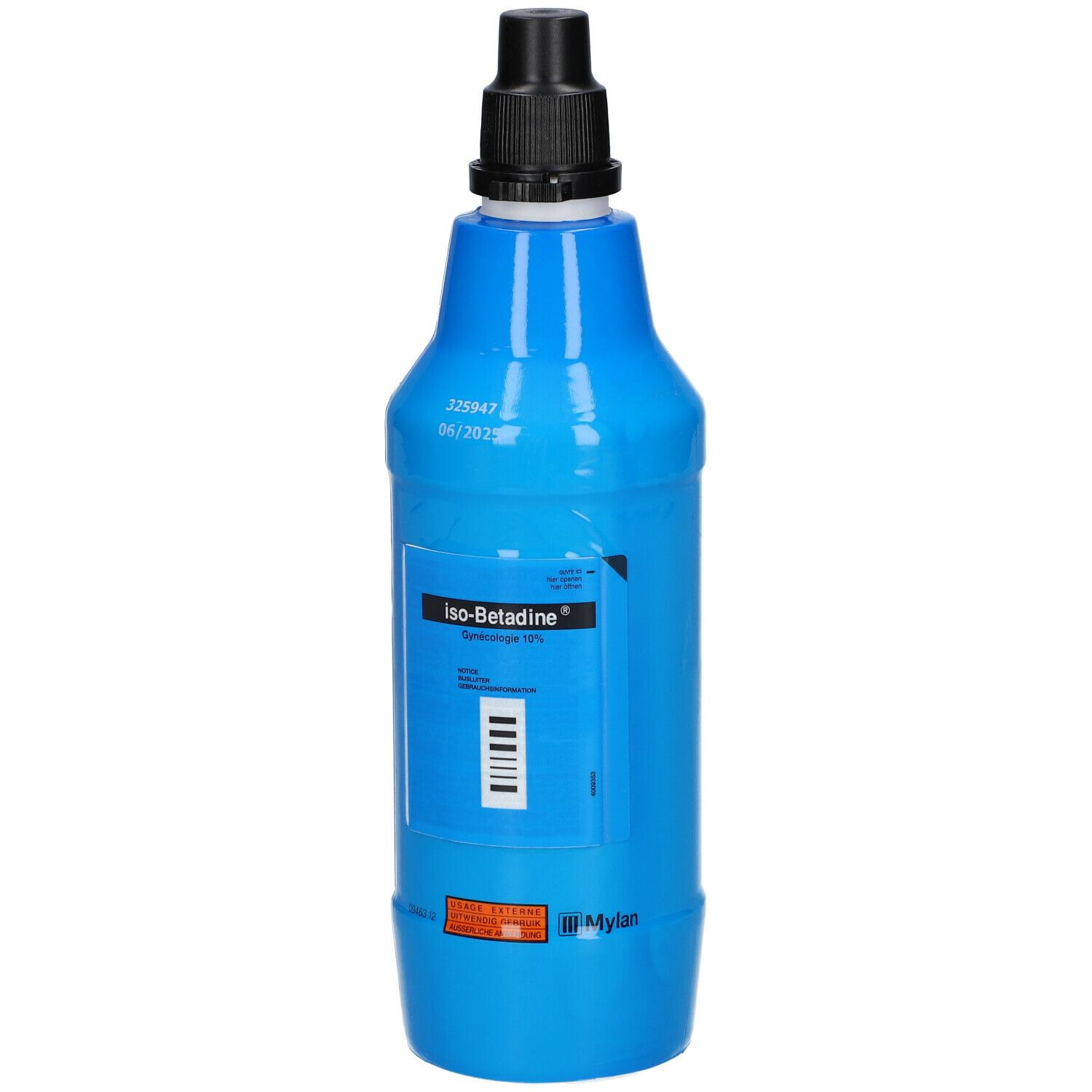 Blauwe fles met zwarte dop. Opschrift: iso-Betadine®. Streepjescode en vervaldatum zichtbaar.