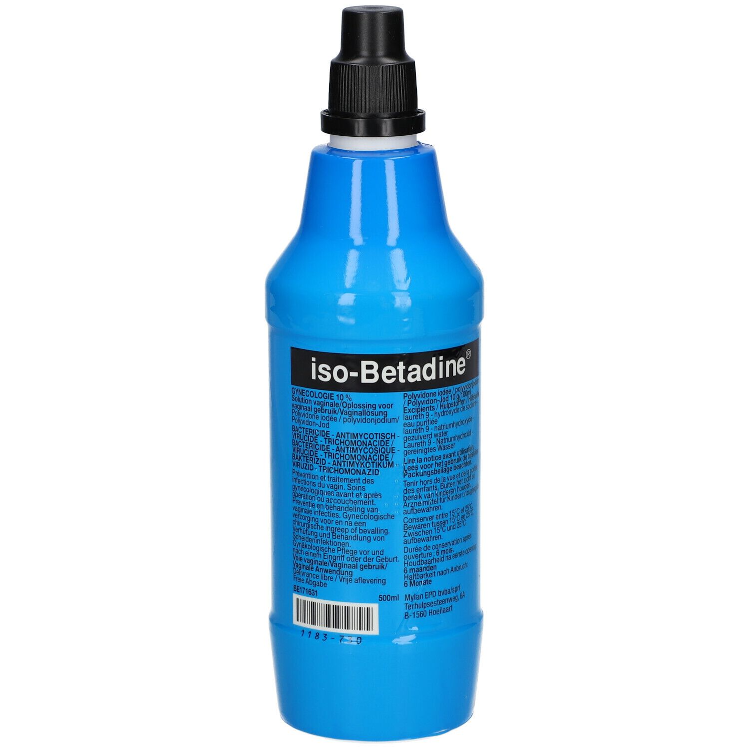 Blauwe fles met zwarte dop. Opschrift: iso-Betadine®. Productinformatie op de achterkant van de fles.