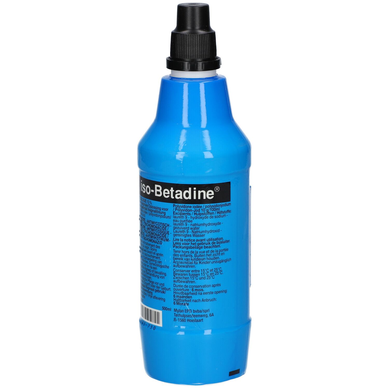 Blauwe fles met zwarte dop. Opschrift: iso-Betadine®. Productinformatie op de achterkant van de fles.