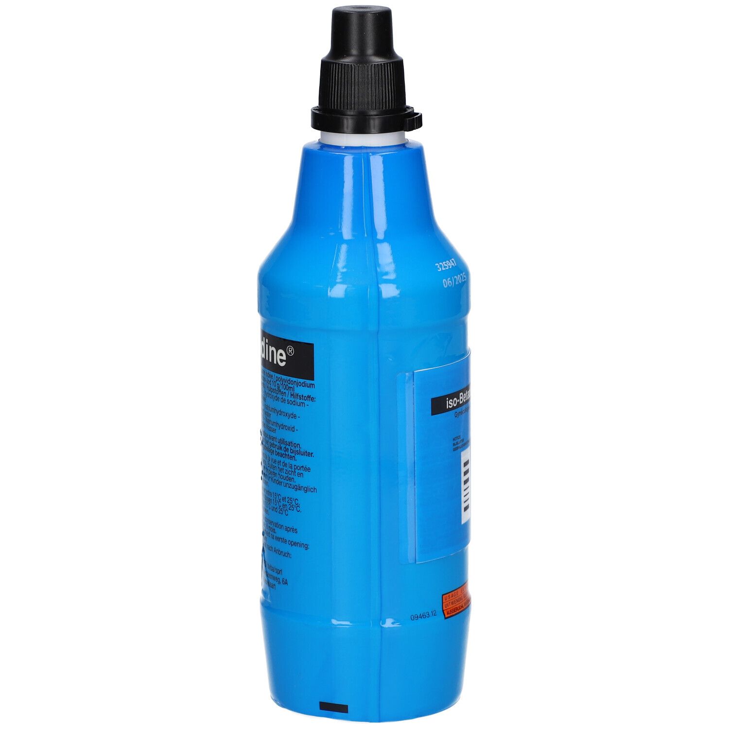 Blauwe fles met zwarte dop, zijaanzicht. Opschrift: iso-Betadine®.