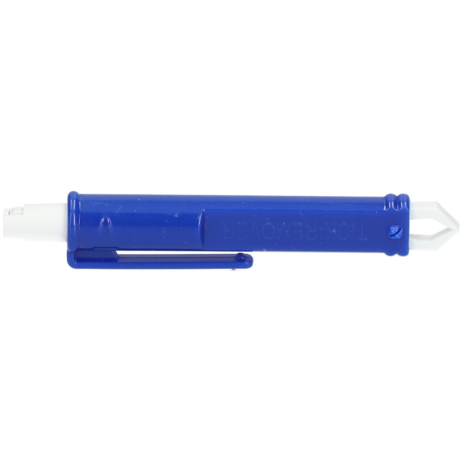 Pince à tiques en plastique bleu avec partie de préhension blanche et clip. Inscription : TICK REMOVER.