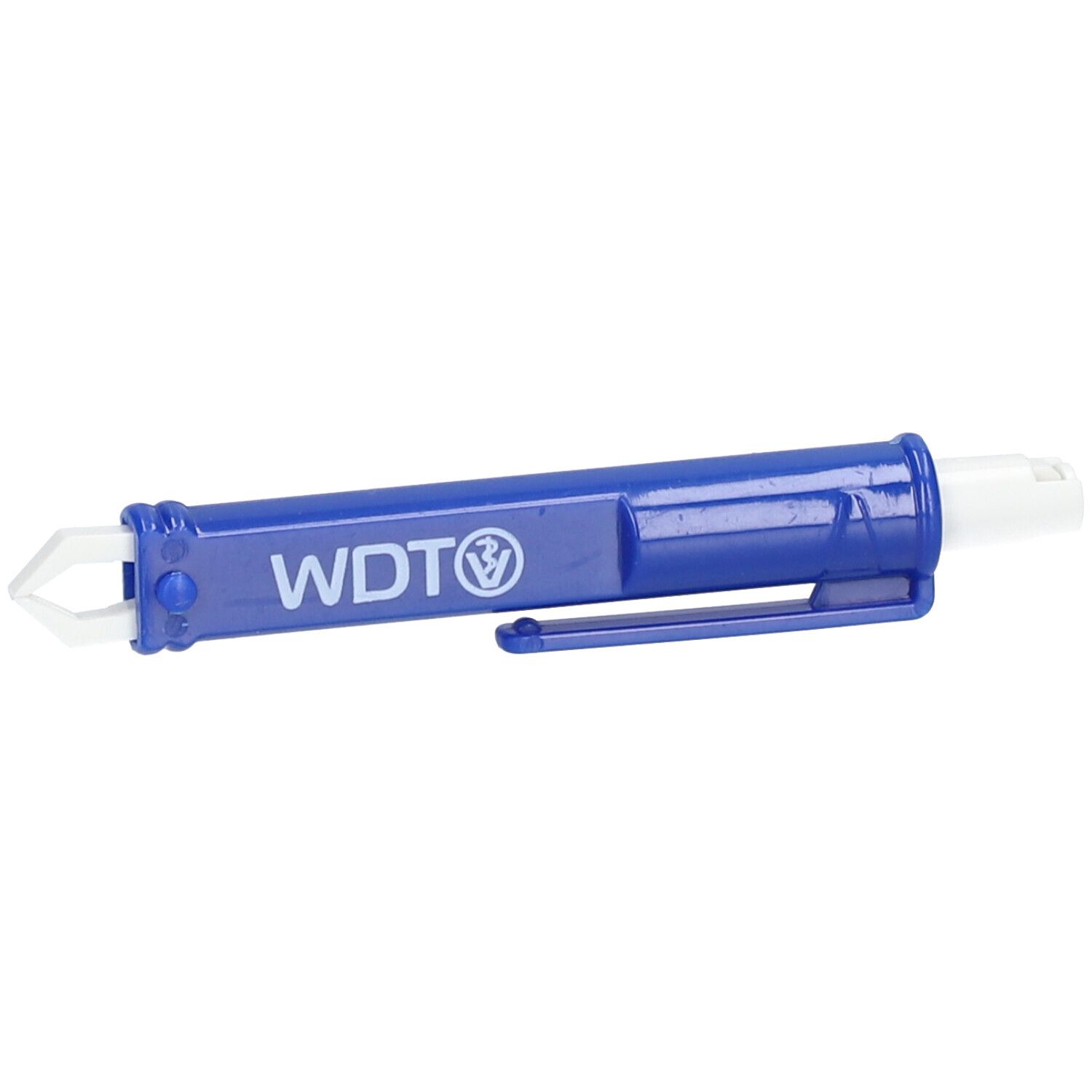 Pince à tiques en plastique bleu avec partie de préhension blanche et clip. Inscription : WDT.