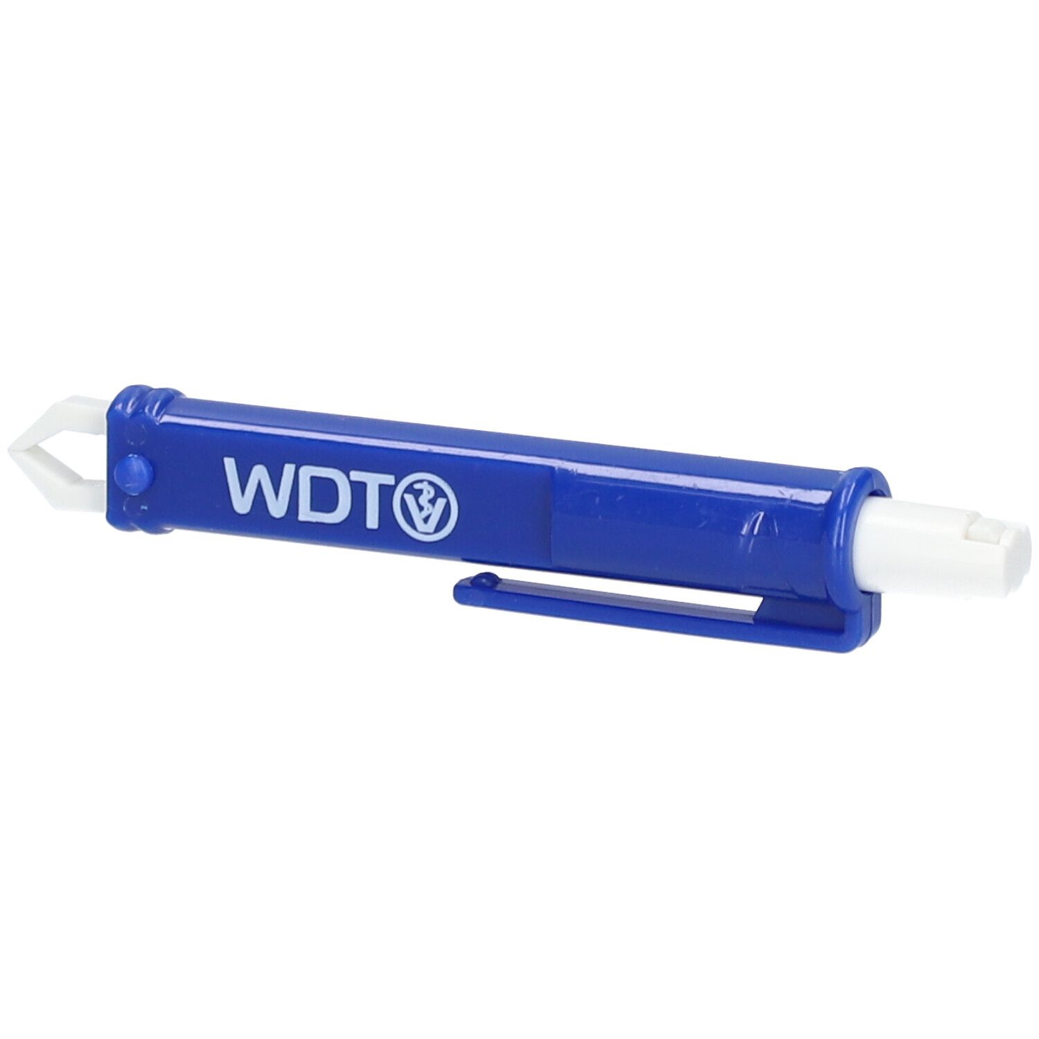 Pince à tiques en plastique bleu avec partie de préhension blanche et clip. Inscription : WDT.