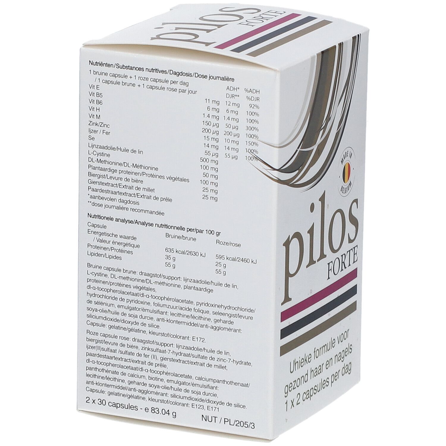 Verpakking "pilos FORTE" met voedingstabel. Bevat 30 capsules. Gemaakt in België. Ingrediënten en analyse.