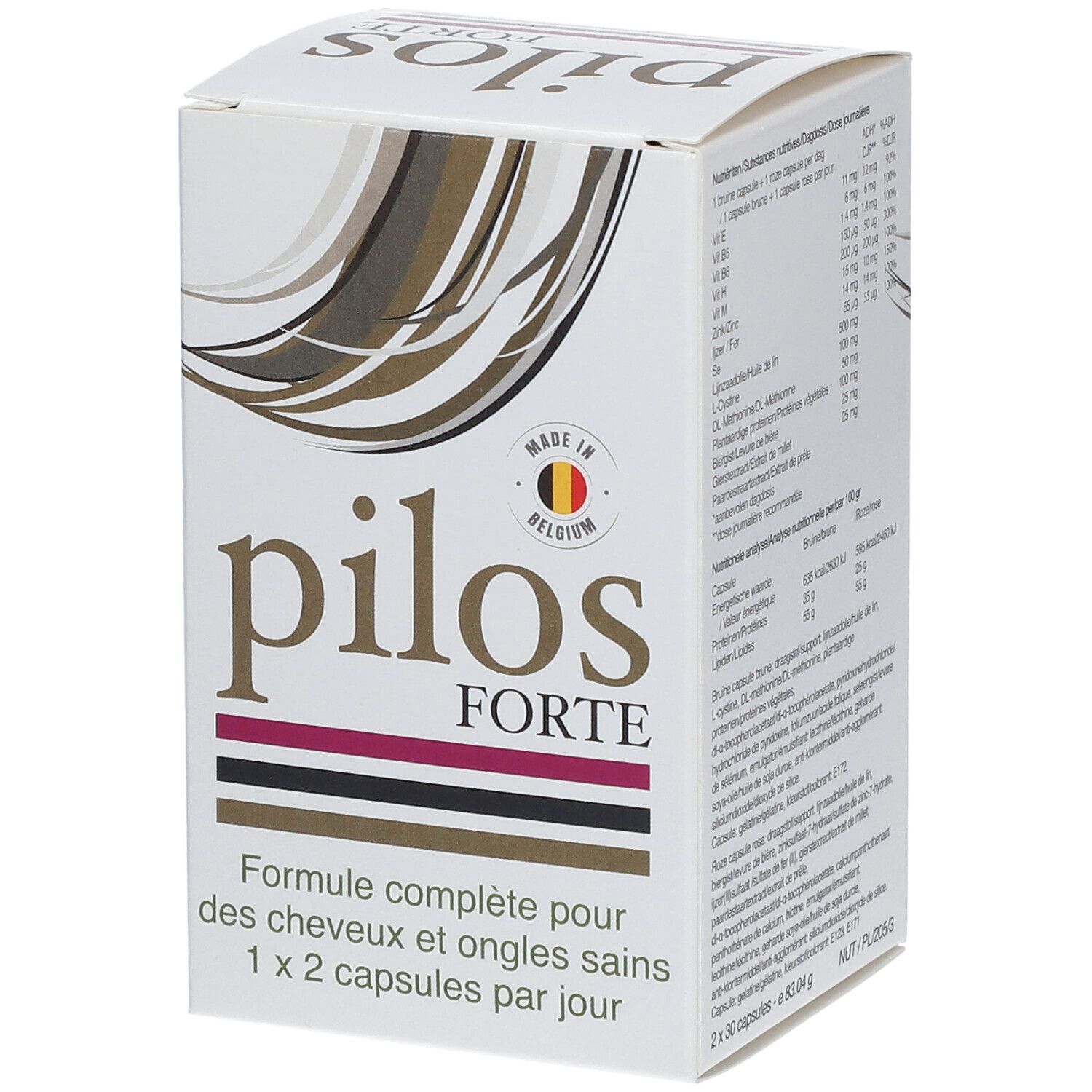 Kartonnen verpakking "pilos FORTE" met tekst. Bevat capsules voor gezond haar en nagels. Gemaakt in België.