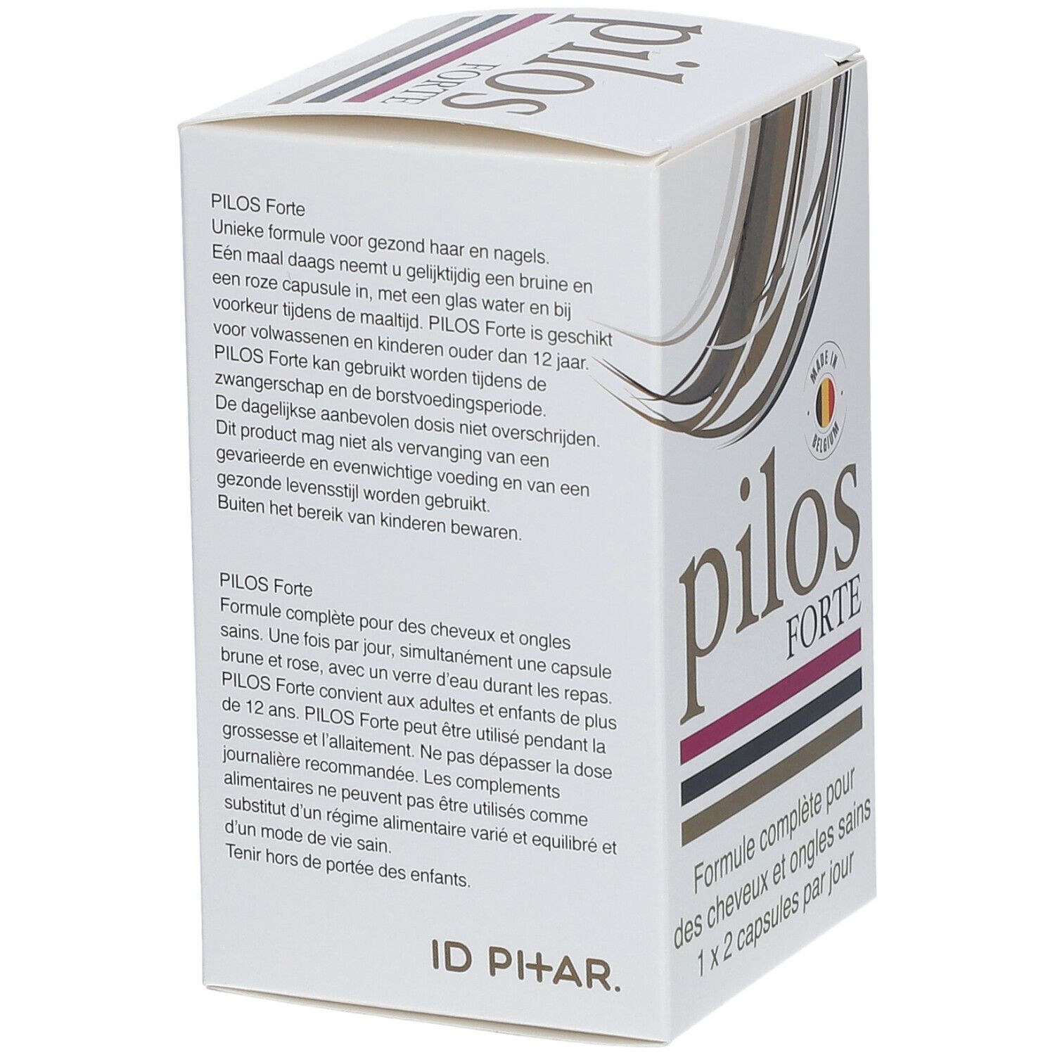 Kartonnen verpakking "pilos FORTE" met tekst. Bevat capsules voor gezond haar en nagels. Gemaakt in België.