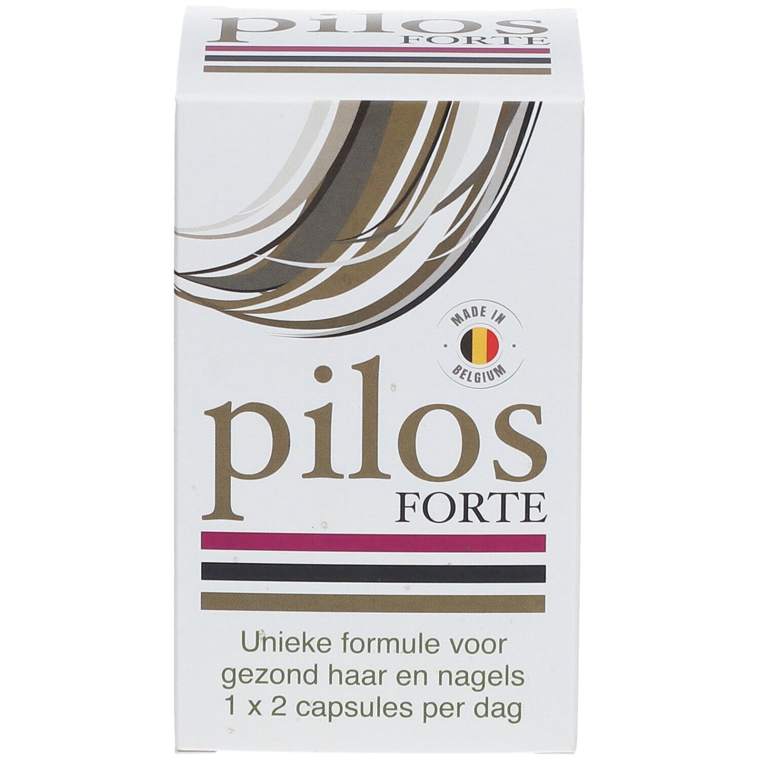 Kartonnen verpakking "pilos FORTE" met tekst. Bevat capsules voor gezond haar en nagels. Gemaakt in België.