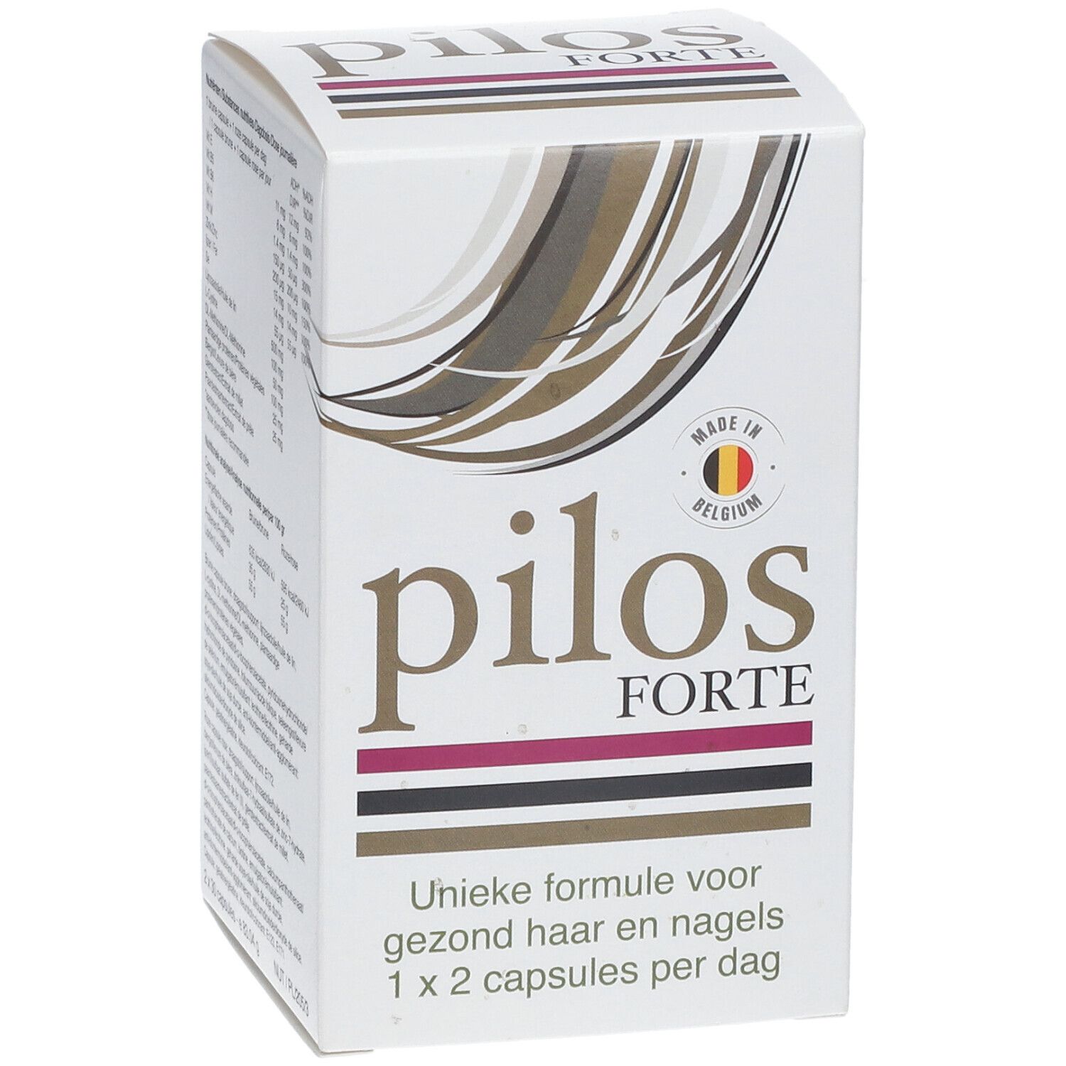 Kartonnen verpakking "pilos FORTE" met tekst. Bevat capsules voor gezond haar en nagels. Gemaakt in België.