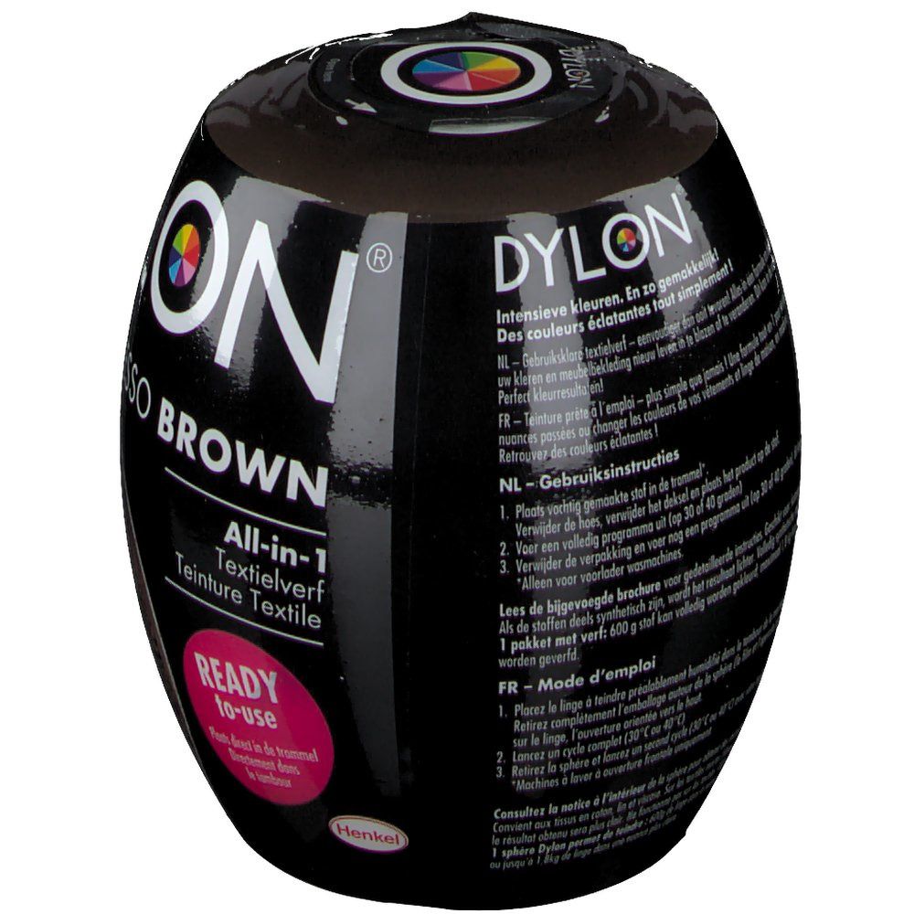 Teinture textile Dylon Espresso Brown. Emballage noir ovale. Nom et couleur du produit. Texte en plusieurs langues.