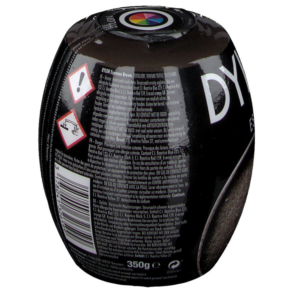 Teinture textile Dylon Espresso Brown. Emballage noir ovale. Nom du produit, ingrédients et avertissements. 350g.