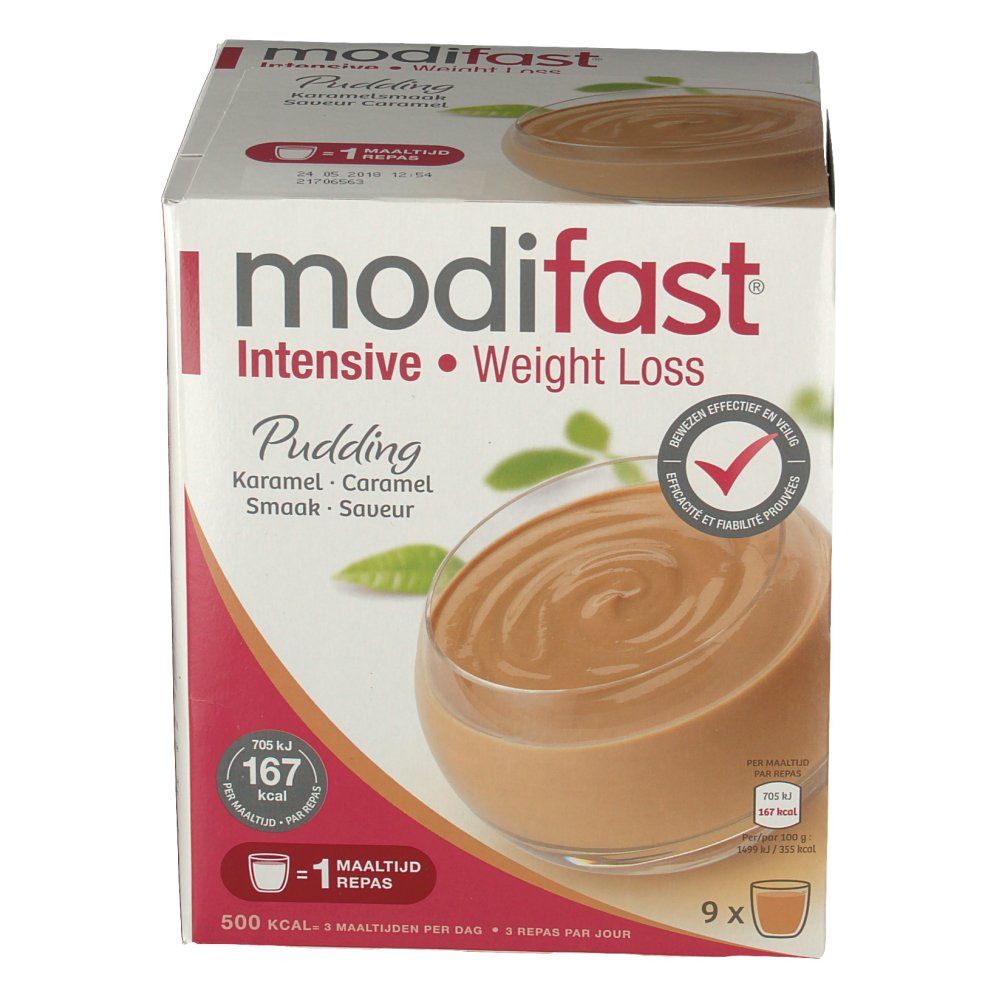 Boîte de Modifast Intensive Pudding Caramel. Image du produit. Contient 9 portions. Inscriptions : Intensive Weight Loss, 167 kcal.