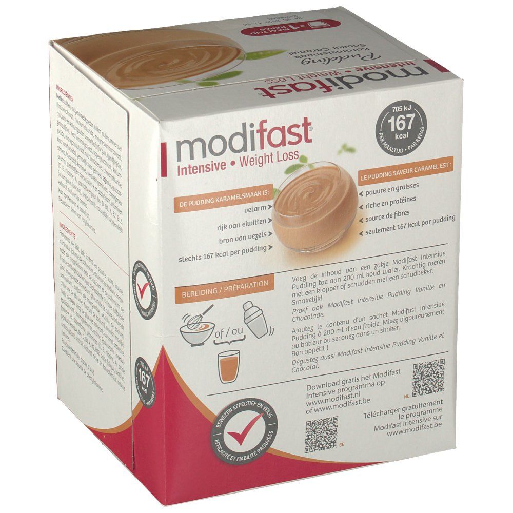 Dos de la boîte Modifast Intensive Pudding Caramel. Texte et informations nutritionnelles. Logo avec coche rouge. Image du produit.