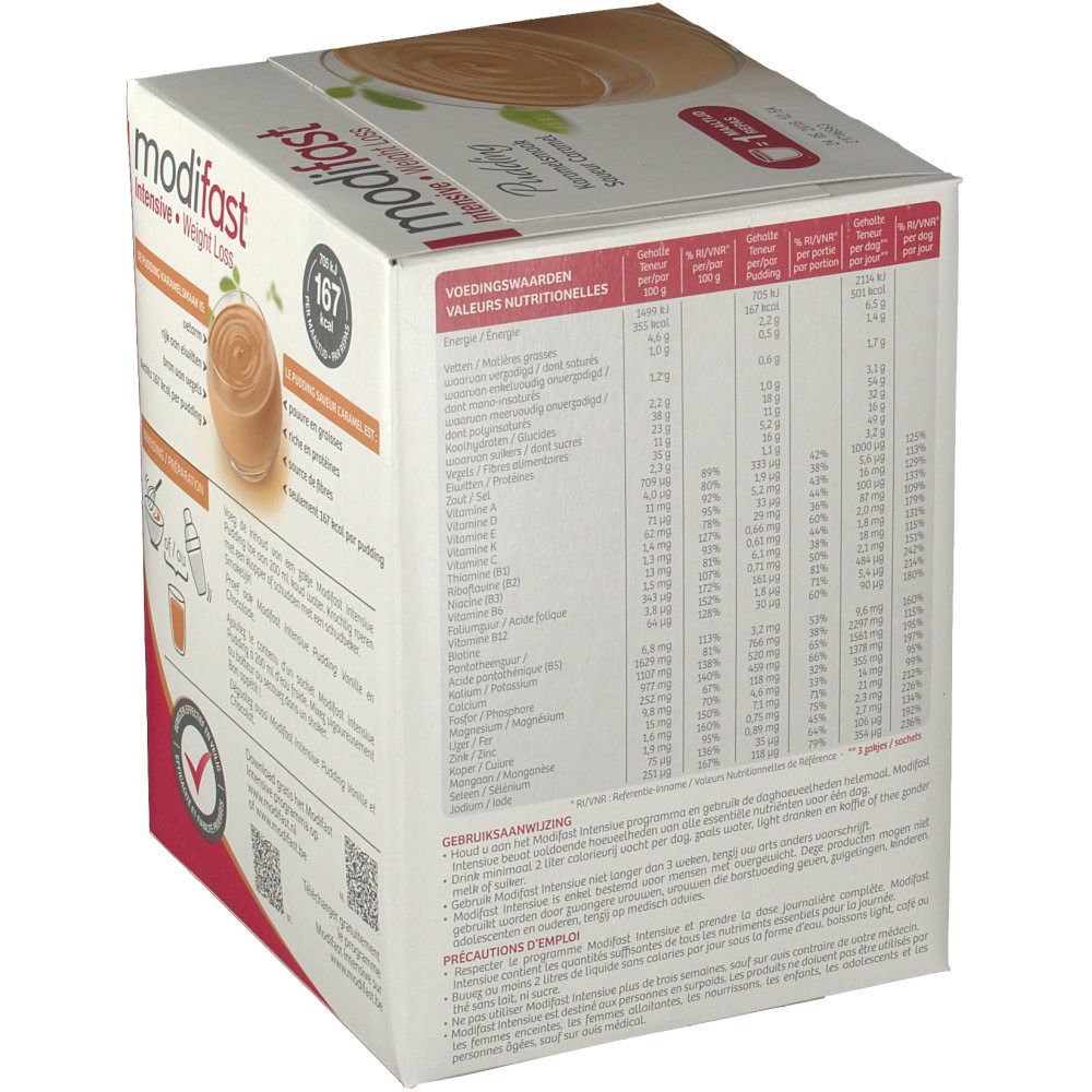 Côté de la boîte Modifast Intensive Pudding Caramel. Informations nutritionnelles et instructions de préparation. Logo avec coche rouge.