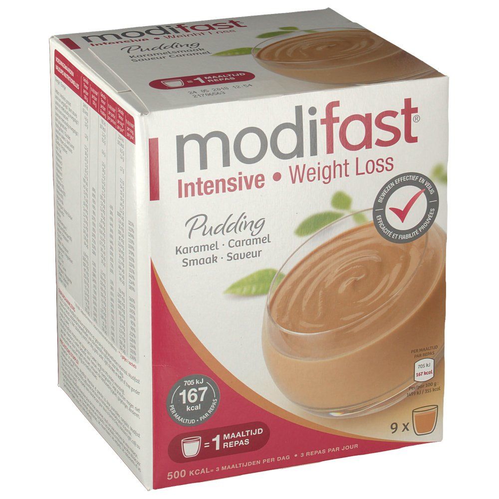 Boîte de Modifast Intensive Pudding Caramel. Image du produit. Contient 9 portions. Inscriptions : Intensive Weight Loss, 167 kcal.