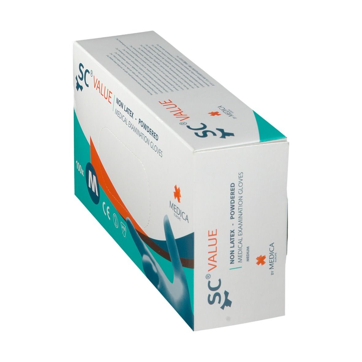 Boîte de gants SC® Value en biais. Inscription : Non Latex, poudrés, gants d'examen médical. Taille M.