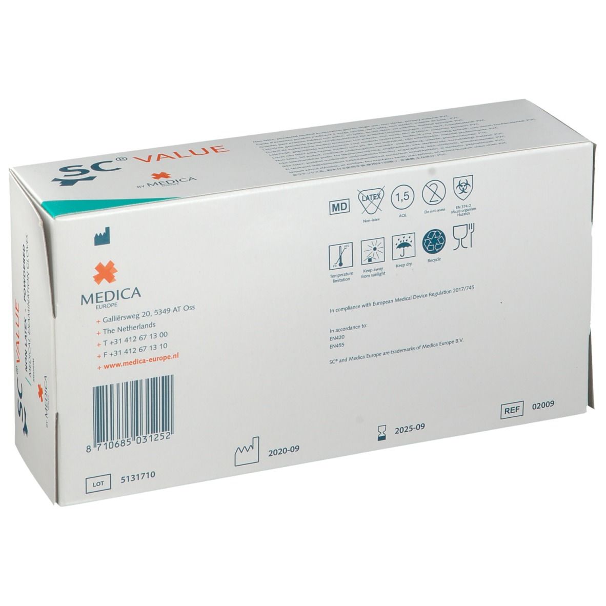 Dos de la boîte de gants SC® Value. Informations sur le fabricant, le numéro de lot, la date de péremption et les certifications.