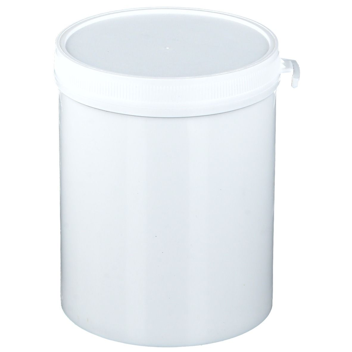 Récipient cylindrique blanc avec couvercle blanc. Couvercle avec poignée. Aucune autre inscription visible.