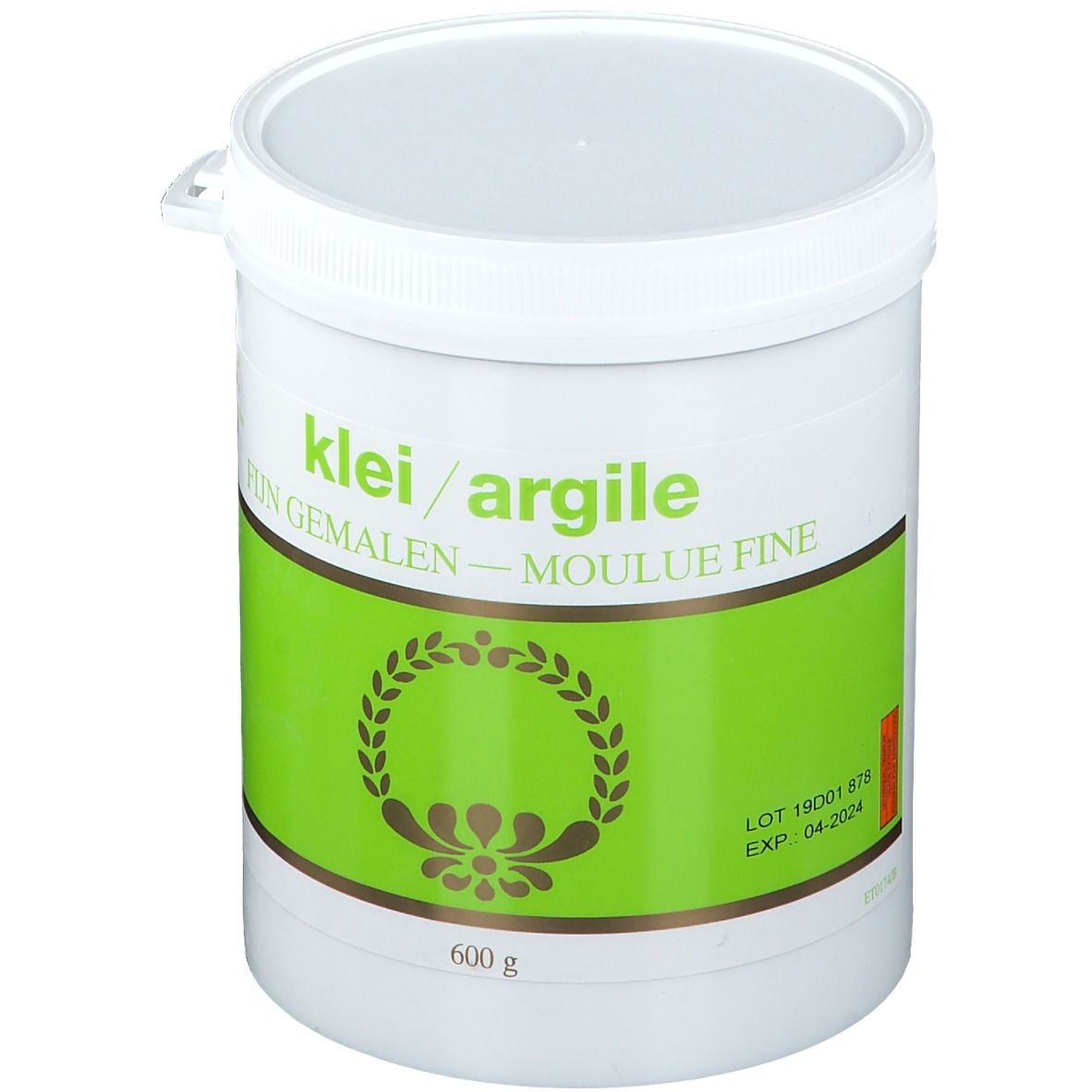 Récipient blanc avec couvercle. Inscription: klei/argile, FUN GEMALEN - MOULUE FINE. Étiquette verte avec couronne de laurier et 600 g.