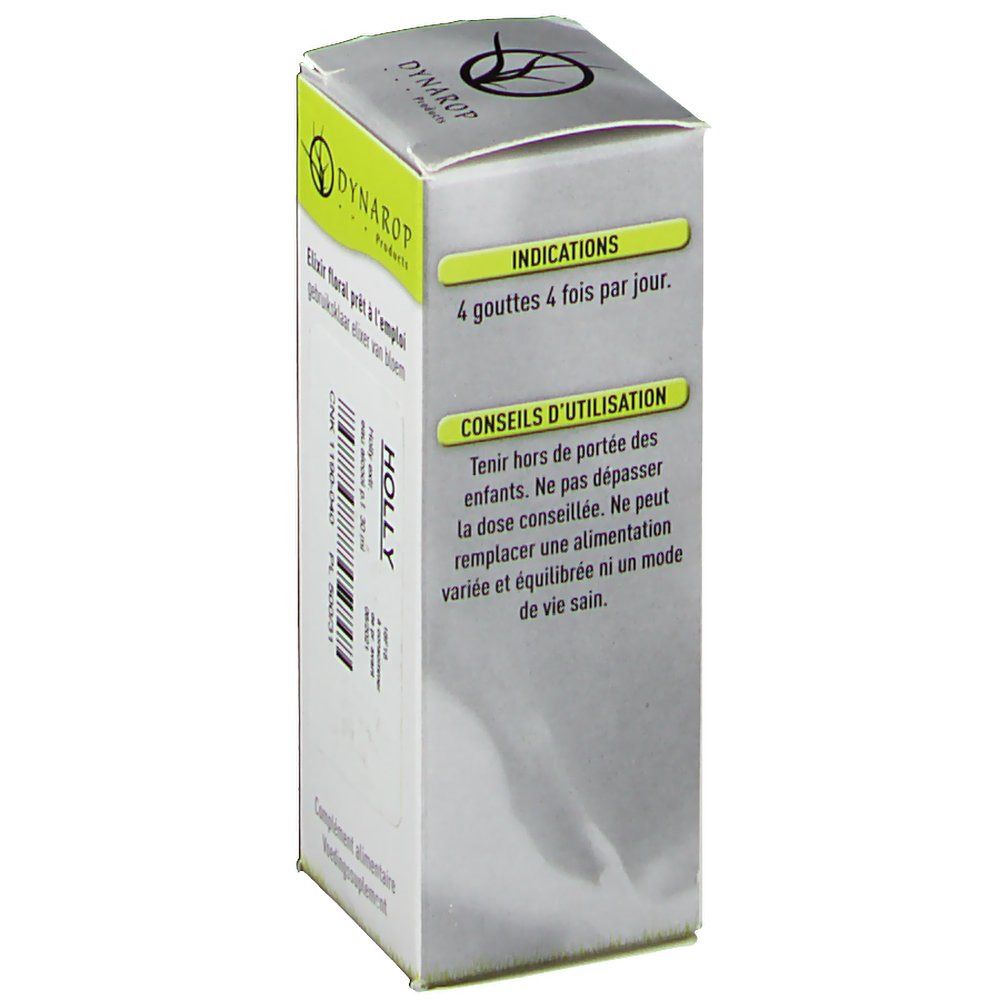 Boîte en carton avec informations produit. Inscription: DYNAROP, Holly. Contient conseils d'utilisation: 4 gouttes, 4 fois par jour.