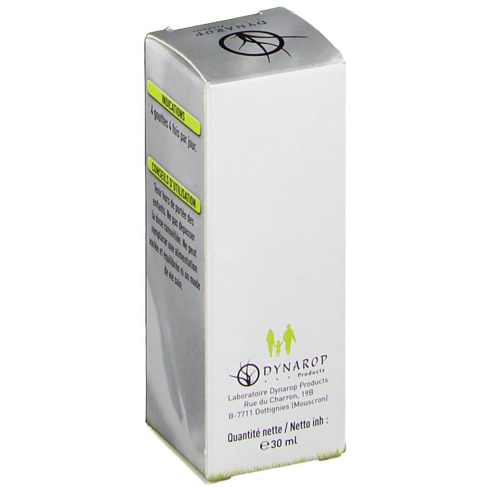 Boîte en carton avec informations produit. Inscription: DYNAROP, Holly. Contient informations sur la quantité nette: e 30 ml. Logo famille.