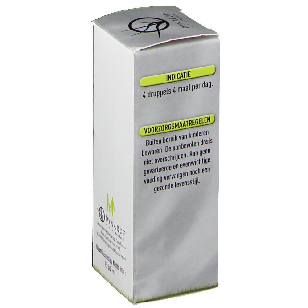 Boîte en carton avec informations produit. Inscription: DYNAROP, Holly. Contient précautions d'emploi. Logo famille.