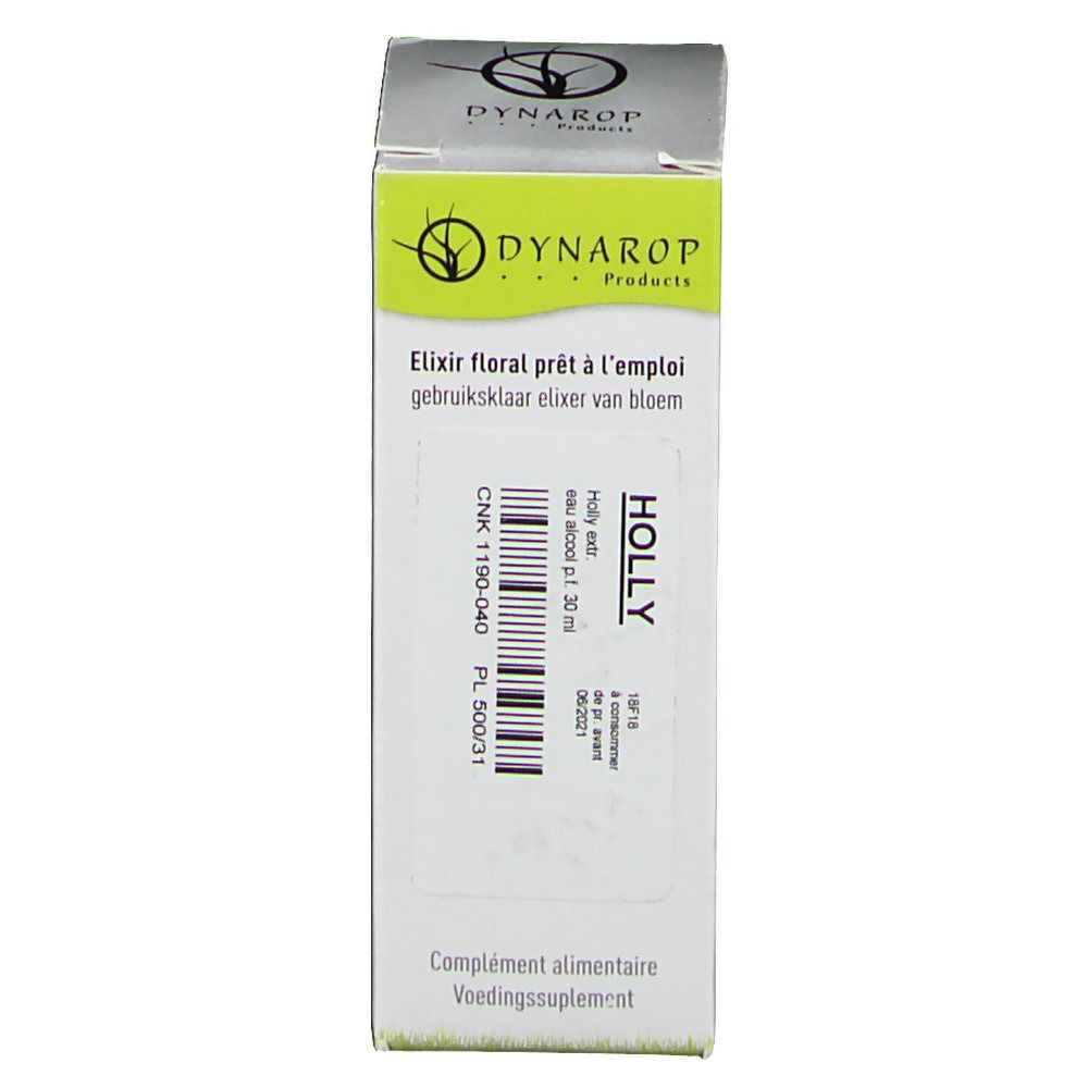 Boîte en carton avec informations produit. Inscription: DYNAROP, Elixir floral prêt à l'emploi, Holly. Contient code CNK et numéro de lot.