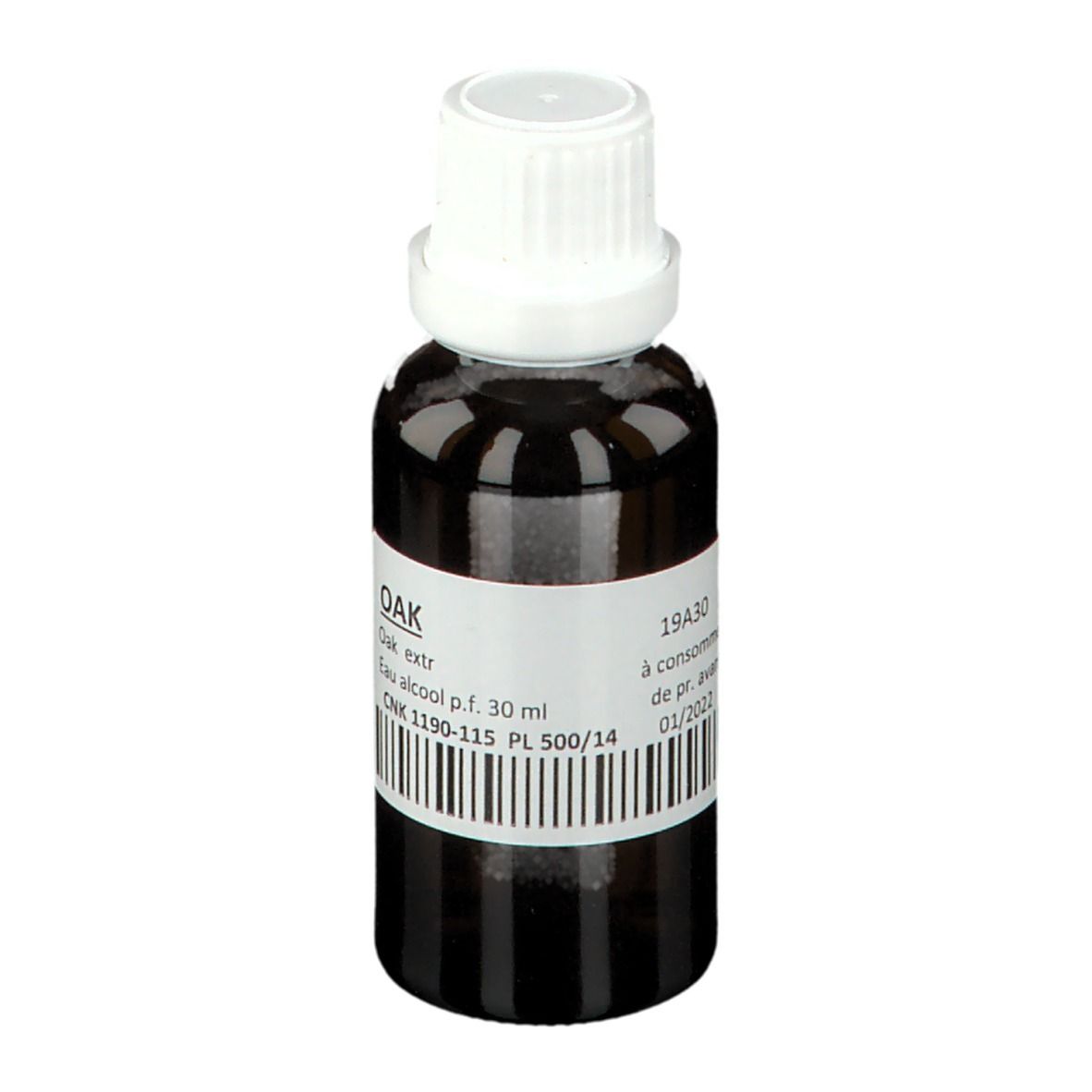 Braune Glasflasche mit weißem Verschluss. Etikett mit Text und Barcode. Produktname: OAK. Flüssigkeit.