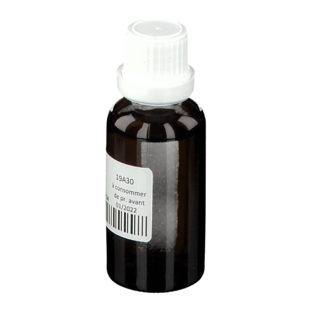 Braune Glasflasche mit weißem Verschluss. Etikett mit Text und Barcode. Flüssigkeit. Haltbarkeitsdatum: 01/2022.