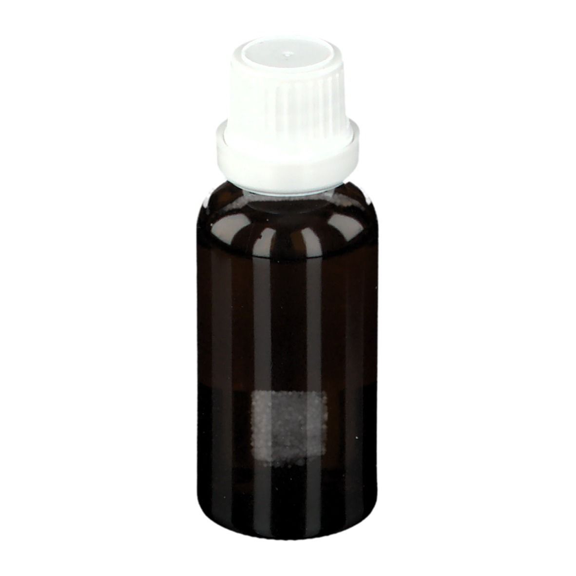 Braune Glasflasche mit weißem Verschluss. Flüssigkeit. Keine weiteren Details sichtbar.