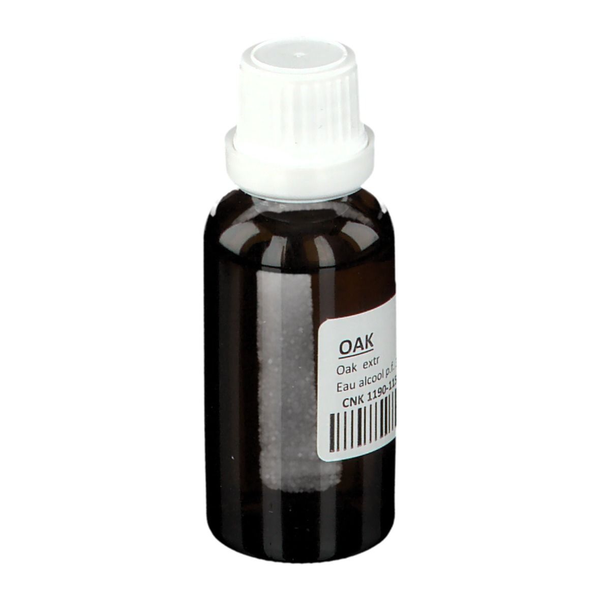 Braune Glasflasche mit weißem Verschluss. Etikett mit Text und Barcode. Produktname: OAK. Flüssigkeit.