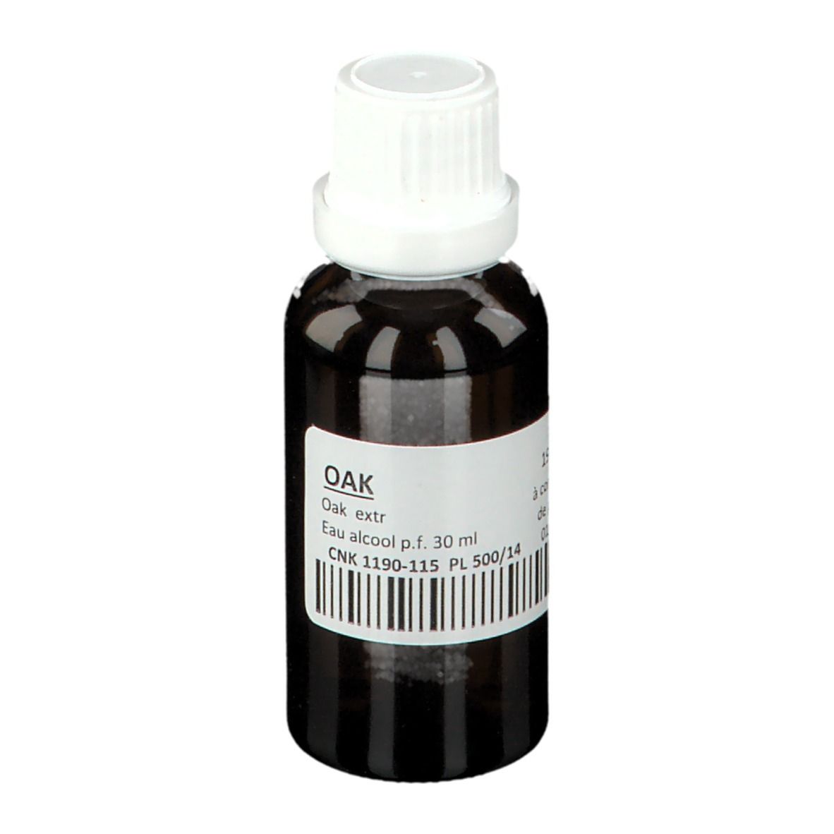 Braune Glasflasche mit weißem Verschluss. Etikett mit Text und Barcode. Produktname: OAK. Flüssigkeit.