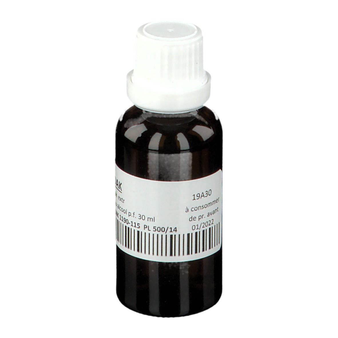 Braune Glasflasche mit weißem Verschluss. Etikett mit Text und Barcode. Flüssigkeit. Haltbarkeitsdatum: 01/2022.