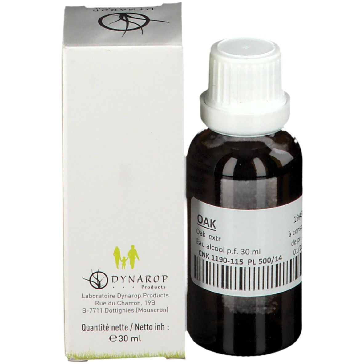 Braune Glasflasche mit weißem Verschluss und Karton. Etikett mit Text und Barcode. Produktname: OAK. Flüssigkeit.
