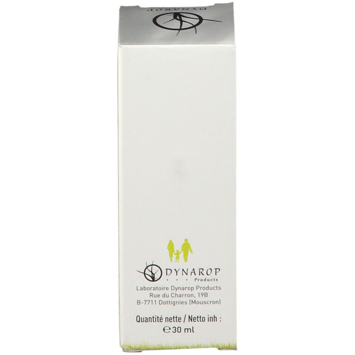 Weißer Karton mit Logo und Text. Produktname: DYNAROP. Adresse und Inhaltsangabe: e 30 ml.