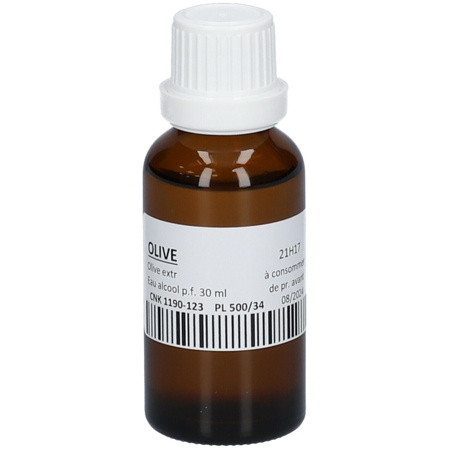 Flacon en verre brun avec bouchon blanc. Étiquette avec texte : OLIVE, Olive extr., Eau alcool p.f. 30 ml, CNK 1190-123, PL 500/34, 21H17, 08/2024.