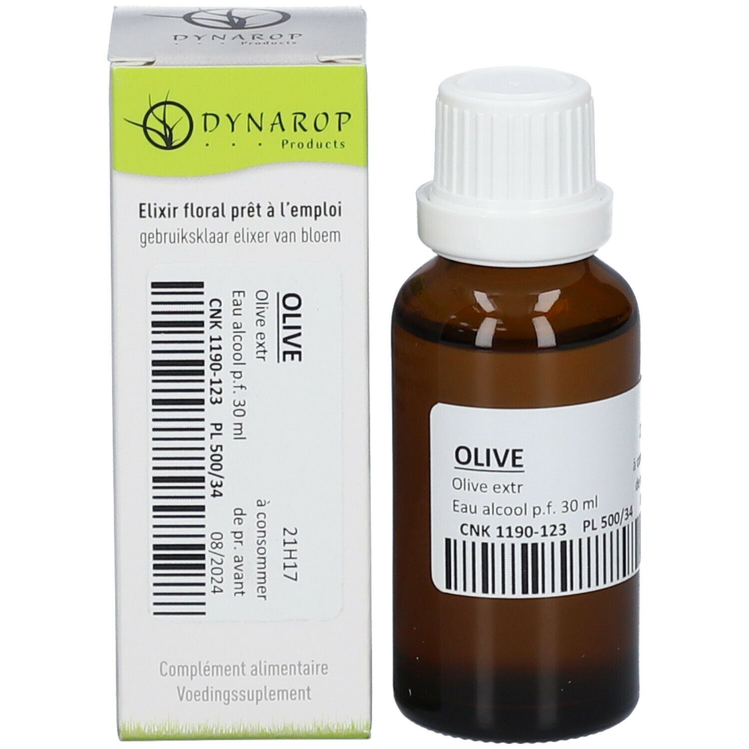 Flacon en verre brun avec bouchon blanc et boîte. Boîte avec texte : DYNAROP Products, Elixir floral prêt à l'emploi, OLIVE, Olive extr., Eau alcool p.f. 30 ml.