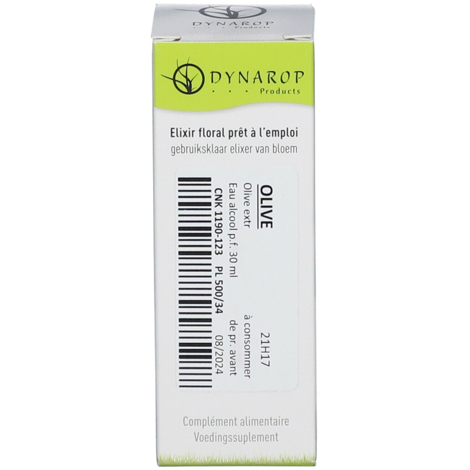 Boîte avec texte : DYNAROP Products, Elixir floral prêt à l'emploi, OLIVE, Olive extr., Eau alcool p.f. 30 ml, 21H17, 08/2024.