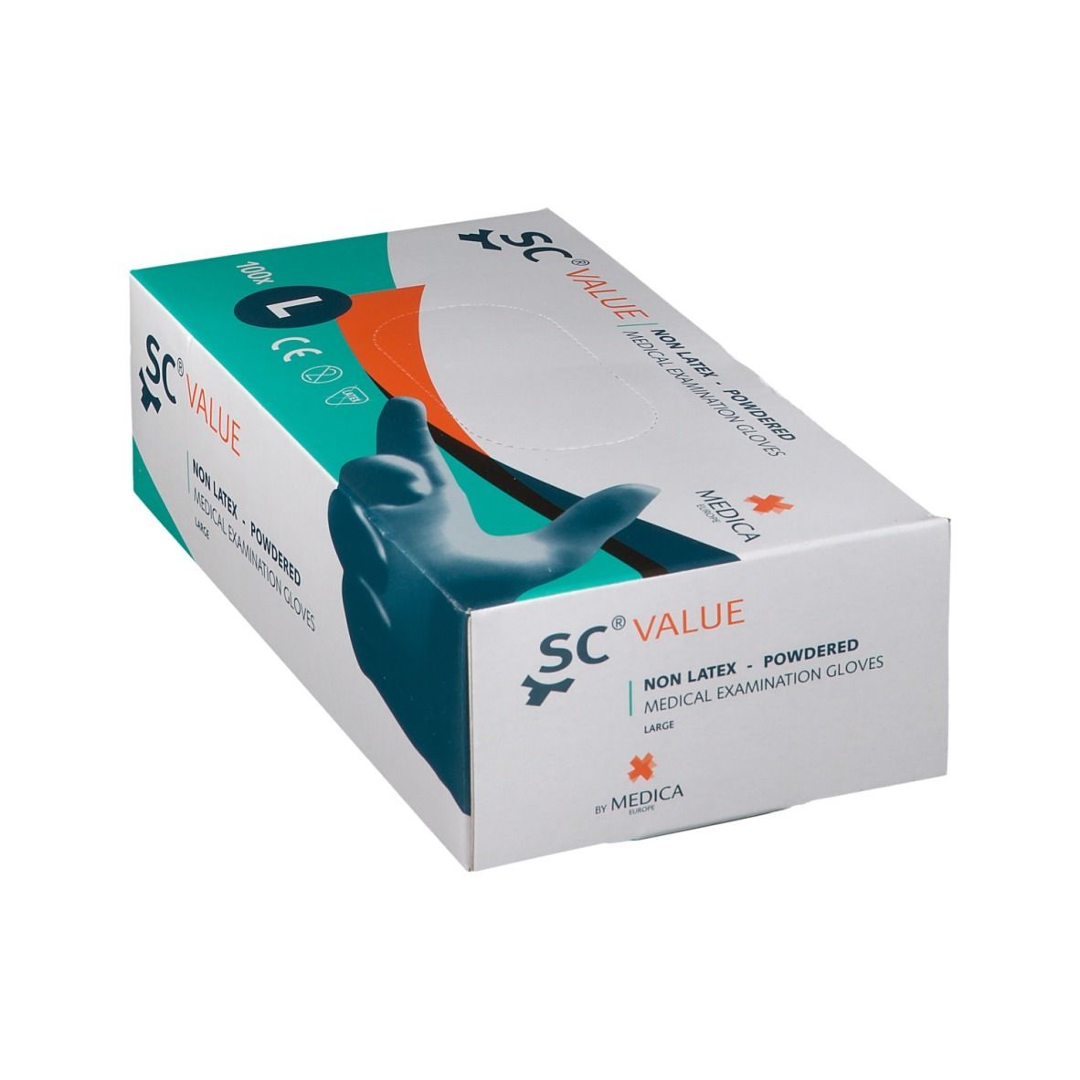 Boîte de gants d'examen médicaux SC Value, taille L. Inscriptions : Non Latex, poudrés, Medica.