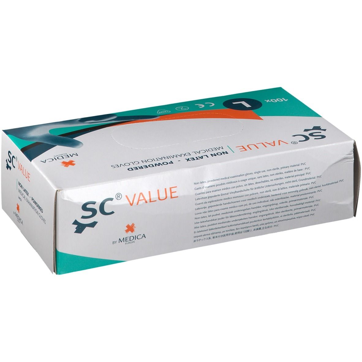 Boîte de gants d'examen médicaux SC Value, taille L. Inscriptions : Non Latex, poudrés, Medica. 100 pièces.