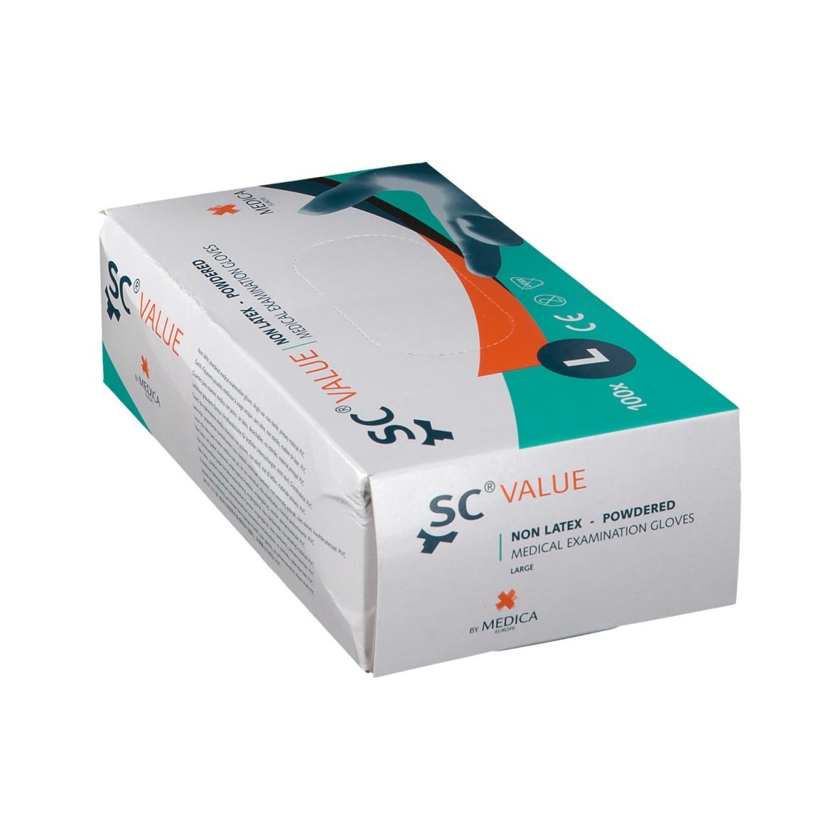 Boîte de gants d'examen médicaux SC Value, taille L. Inscriptions : Non Latex, poudrés, Medica. 100 pièces.
