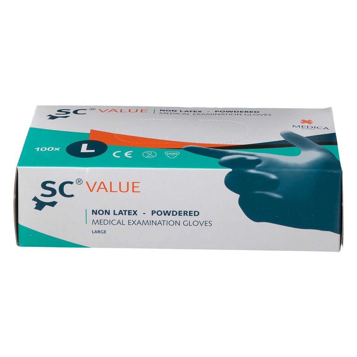 Boîte de gants d'examen médicaux SC Value, taille L. Inscriptions : Non Latex, poudrés, Medica. 100 pièces.